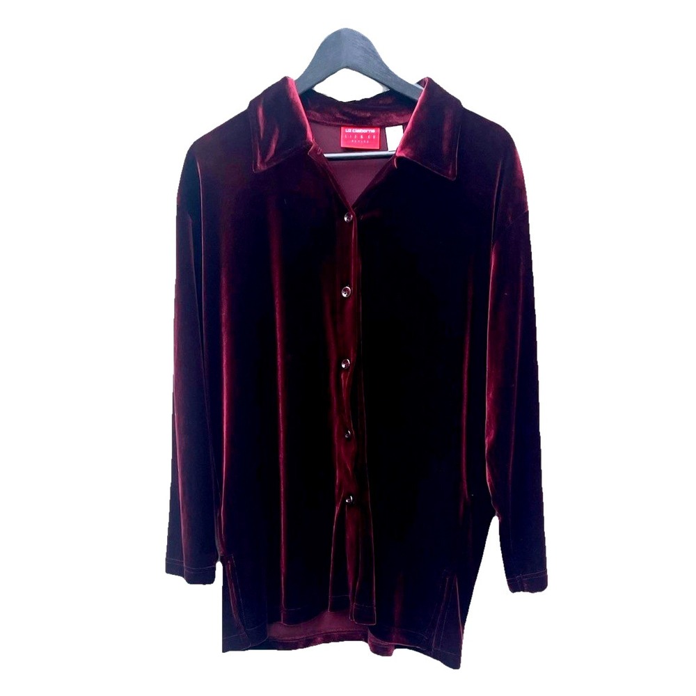 Liz Claiborne Stretch Velvet Velour Shirt Womens Medium Maroon Button Holidays - Picture 1 of 7